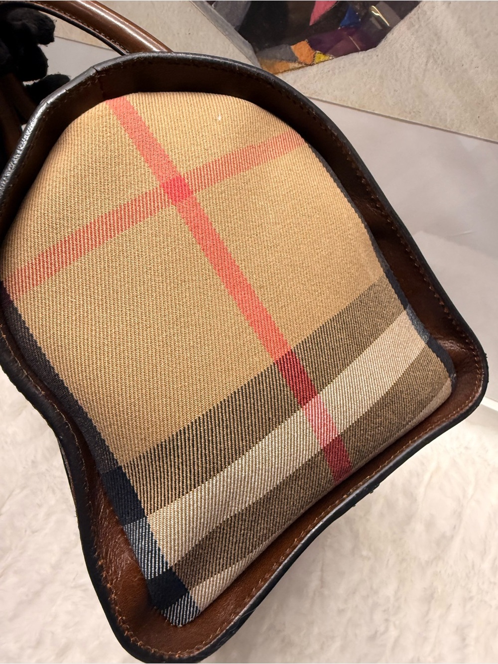 BURBERRY House Check Bowling Bag Brown Leather Handle - Picture 12 of 13